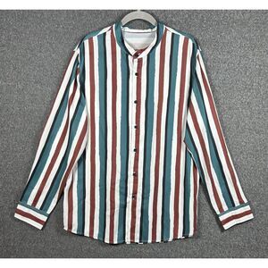 Men’s Vertical Stripe Band Collar Long Sleeve Shirt Size M